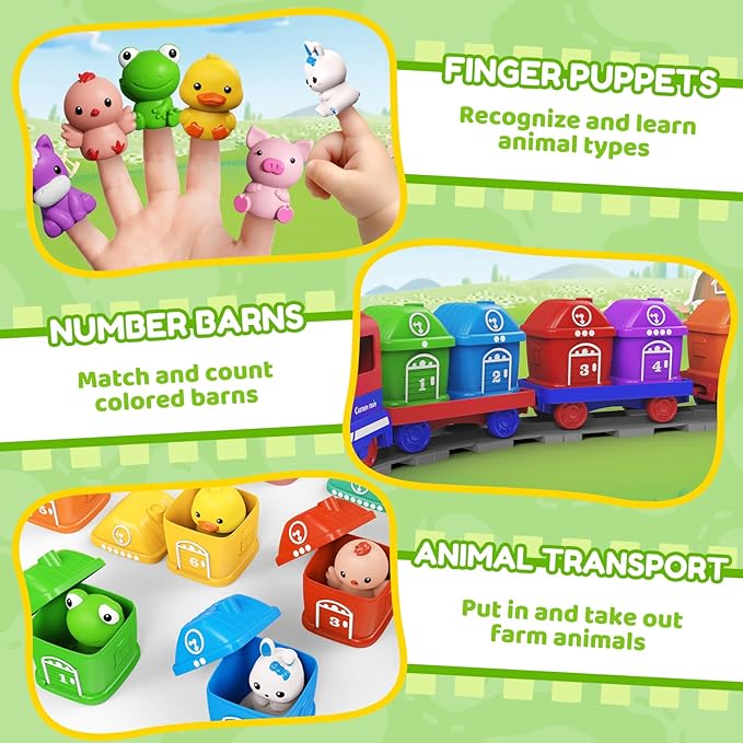 Learning Toys for Toddlers 1 2 3 Year Old,Electric Farm Train Set for Girls 2-4,Counting Matching & Sorting Montessori Train Toy with Farm Animals, Music, Light, Christmas Birthday Gift Baby (blue)