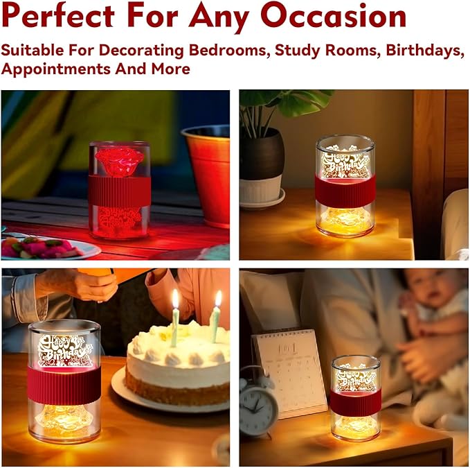 PARYRAY Happy Birthday Light for Table 3D Rose Flip LED Night Lights Color Changing Dimmable USB-C Input Rechargeable Touch Control Birthday Gift Lamps for Women Wife Mom Daughter