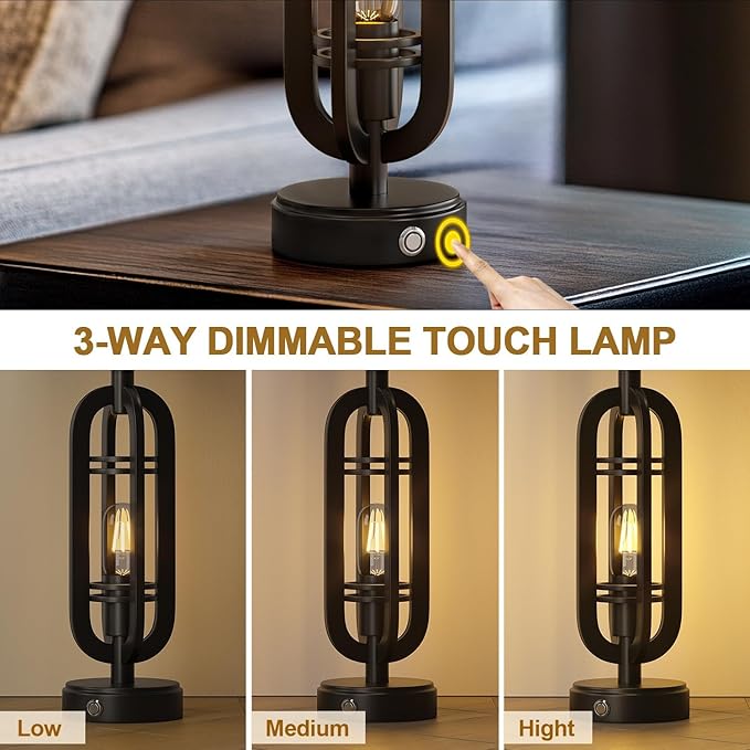 G-SAFAVA 27.25'' Table Lamps Set of 2 for Living Room Bedroom Industrial Farmhouse Metal Touch Lamps with USB A+C Ports, Night Light Vintage Nightstand Bedside Lamp, Bulbs Included, Black