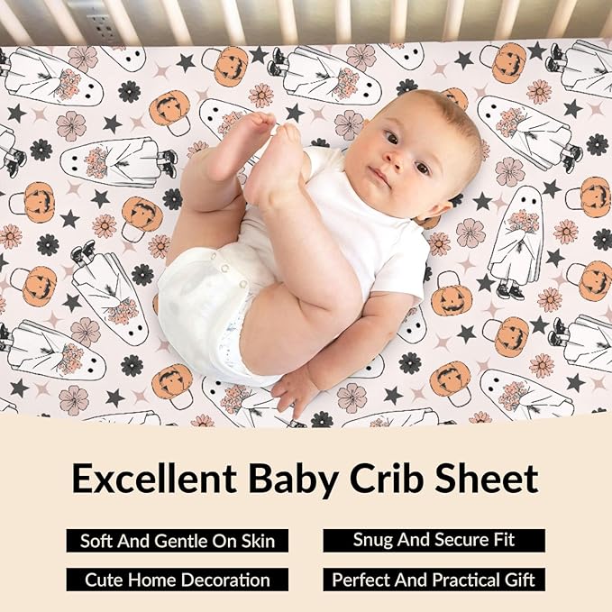 Boho Floral Halloween Pumpkin Spooky Baby Crib Sheets Sweet Gothic Soft Baby Sheets Spooky Season Fitted Crib Mattress Cover for Standard Crib and Toddler Mattress 52"x28"