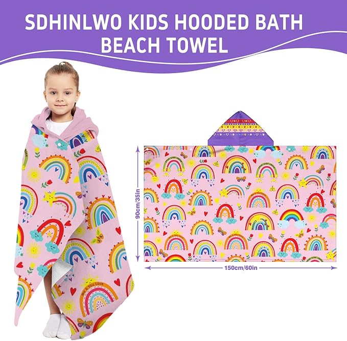 Thickened Hooded Towels for Kids Suitable Girls Boys Kids Bath Towels, 35"x60" Super Absorbent, Rainbow Cute Cartoon Toddler Towels Multi-Purpose for Beach, Pool and Bathroom