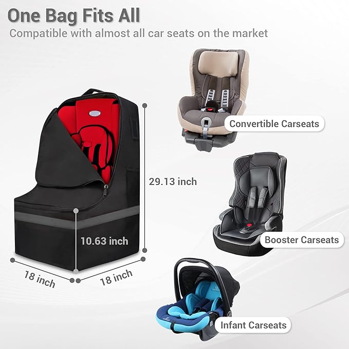 ProFaster Car Seat Travel Bag - Padded, Comfortable, Durable, Roomy Gate Check Carseat Cover Backpack Fits 3-in-1，Convertible, Booster & Infant Car Seats for Airplane, Airport, Gray