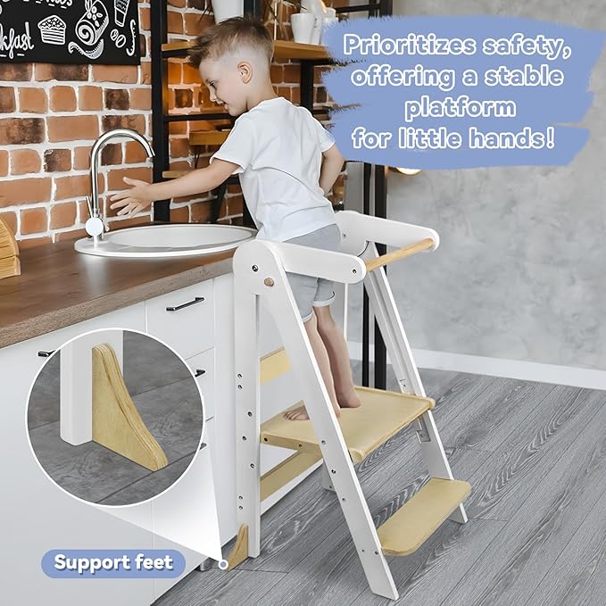 Foldable Toddler Step Stool for Kitchen - Adjustable Wooden Kitchen Helper with Safety Rail & Anti-Tip Feet, Montessori Counter Standing Tower for Kids 2-6 Years (White)