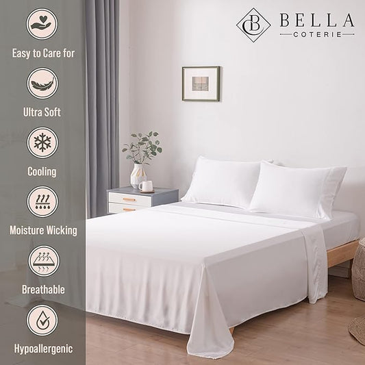 Bella Coterie Luxury Bamboo Viscose King Size Flat Sheet | 100% Organically Grown | Ultra Soft | Cooling for Hot Sleepers [White]