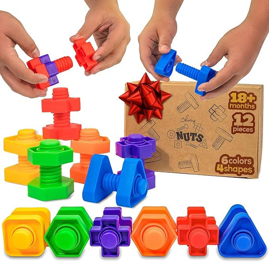 Skoolzy 12 Pc Jumbo Nuts and Bolts - Montessori Set for 18 Month+ Kids – Travel & Motor Skills Development