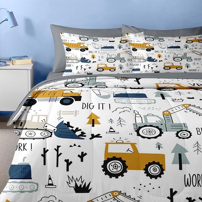 Nesker 4 Pcs Comforter Set Toddler Size, Construction Vehicles Bedding for Kids Teen, Cargo Crane Bulldozer Excavator Bed Sheet with Pillowcase & Sham