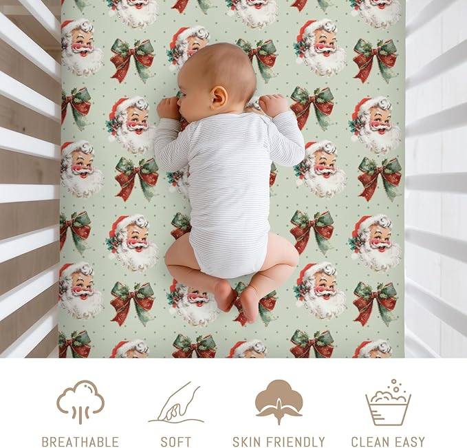 Vintage Merry Christmas Santa Bows Baby Crib Sheets for Boy Girl Retro Happy Santa Jolly Soft Snug Fitted Crib Mattress Covers Fit 52''x28'' Standard Crib & Toddler Mattress Winter Holiday Bed Sheets