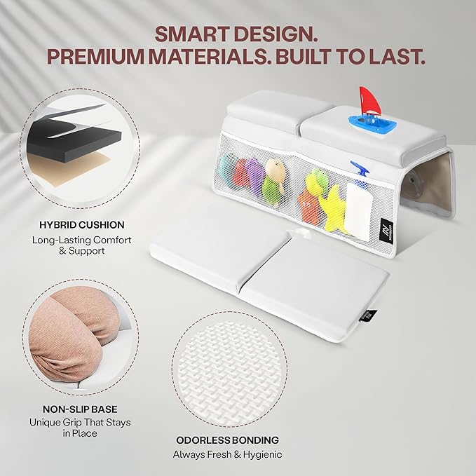Baby Bath Kneeler & Elbow Rest Pad Set | Extra Thick 1.5” Foam That Relieves Knee & Elbow Pressure | Non-Slip Suction Stability | Machine Washable, Quick-Dry | Brush & Washcloth Gift Included