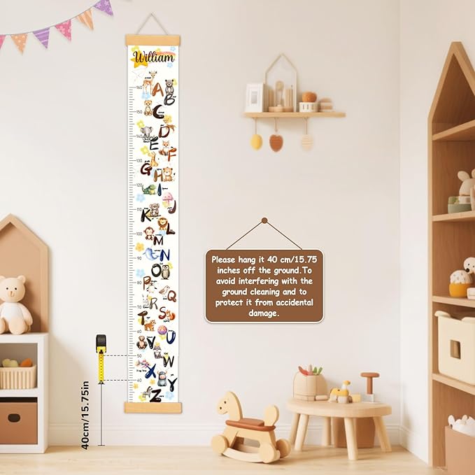 Personalized Name Baby Height Growth Chart Wall, Alphabet and Animal Canvas Growth Chart for Wall Removable, Waterproof Growth Ruler for Wall Toddler Wall Decor
