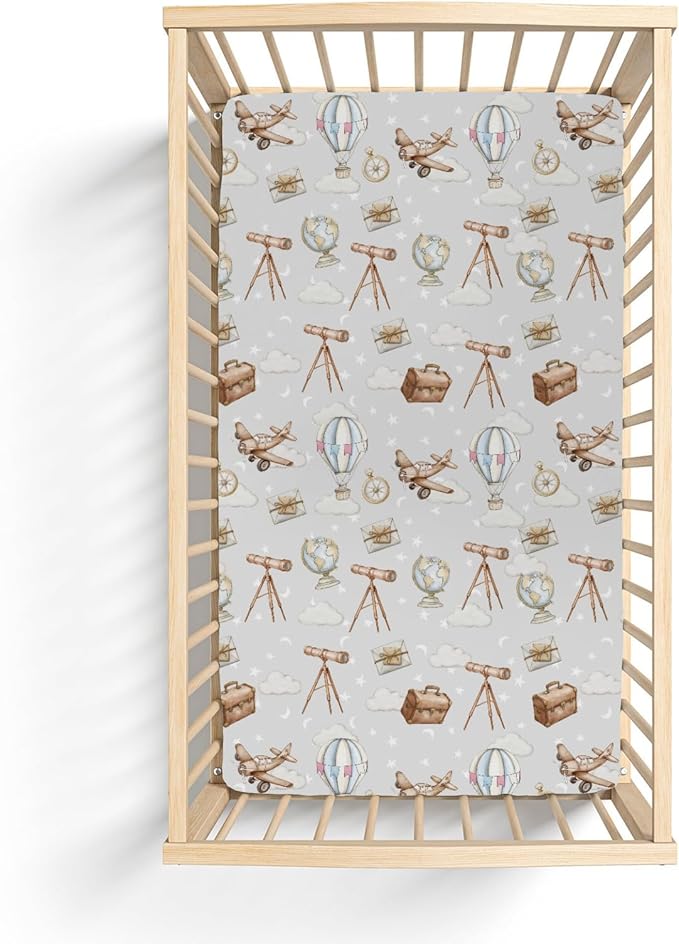 Adventure Baby Crib Sheets for Boy Girl 28"x52" Travel Planes Compass Luggage Globe Explore Soft Snug Fitted Crib Mattress Covers Holiday Vacation Baby Sheet for Standard Crib & Toddler Bed Mattress