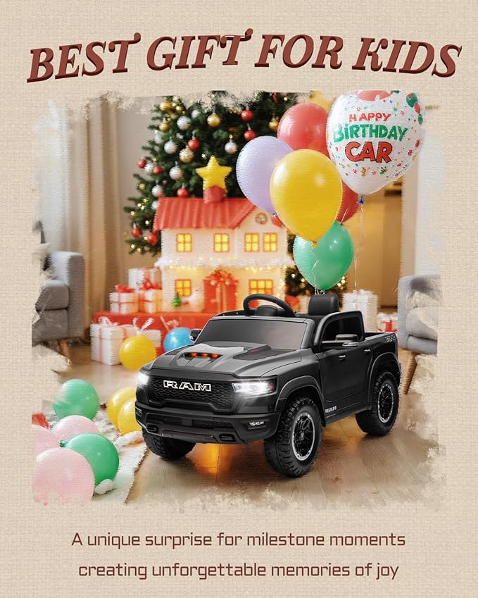 First Ride On 12V Licensed Ram 1500 Ride on Toy for Kids, Toddler Ride on Pickup Truck with Parent Remote Control, Electric Car for Kids with Truck Bed Storage, 3 Point Safety Belt (Black)