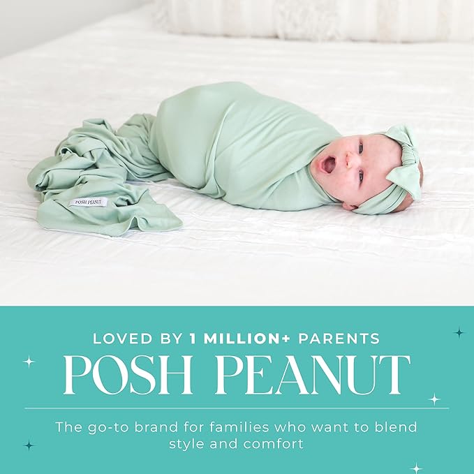 Posh Peanut Swaddle Blanket & Headband Set – Viscose from Bamboo Stretchy Baby Swaddle for Newborn Girls, Receiving Blanket or Nursing Cover (Sage)