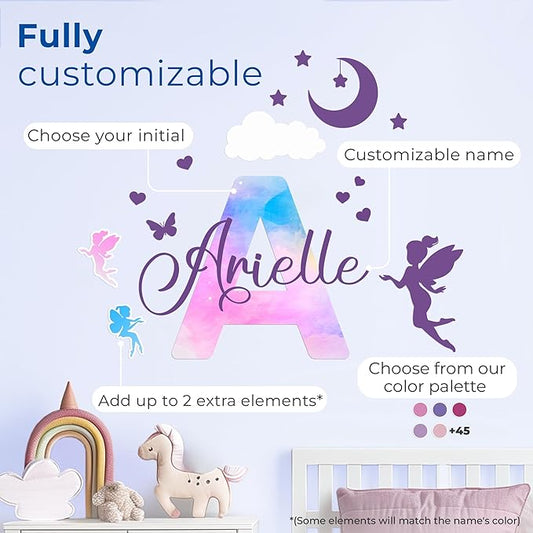 Custom Stickers Name Wall Decor I Personalized Name Sign for Room Decor | Multiple Custom Name & Initial I Decal for Baby Girl Nursery Decor I Nursery Wall Decal for Baby (A. Pink and Blue Sky)