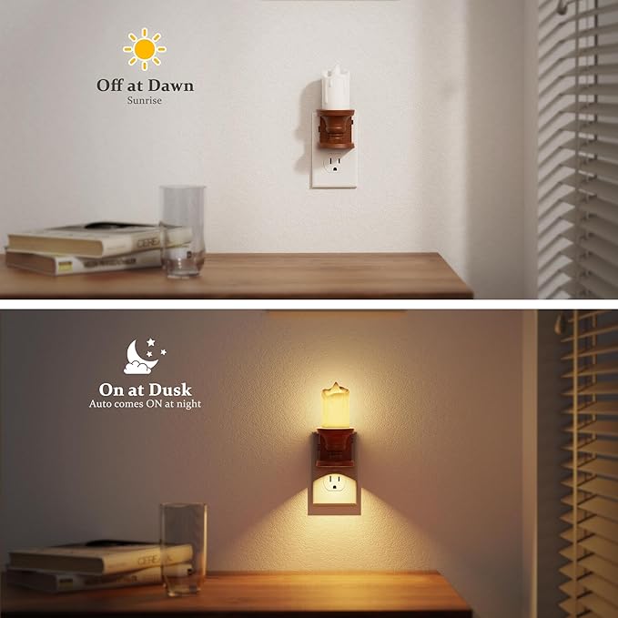JandCase Nightlight Flameless Candle, 2 Pack Night Lights Plug into Wall, 0-100LM Dimmable Nightlight, 3000K Soft White, LED Candle Night Light with Light Sensor, for Kids Hallway Bathroom