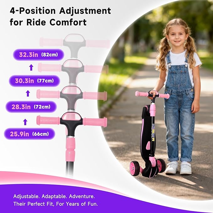 Nattork Kids Scooter for Age 3-8, Toddler Scooter with 4 Adjustable Height for Boys & Girls, Light Up 3-Wheels Foldable Kick Scooter, Lean to Steer, 120LB Weight Capacity