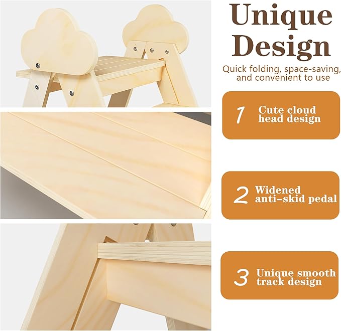 TinyHaven Wooden Toddler Step Stool, 2-Step Foldable Stool for Kids with Non-Slip Surface, Baby Bathroom Stool for Potty Training, Bathroom Sink, Kitchen Counter with Cute Cloud Design, Natural