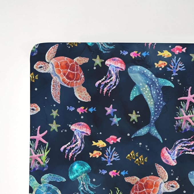 Fantasy Sea Animals Baby Crib Sheets for Boy Girl 28"x52" Turtle Whale Jellyfish Corals Soft Stretchy Fitted Crib Mattress Covers Nautical Marine Baby Sheet for Standard Crib & Toddler Mattress Navy