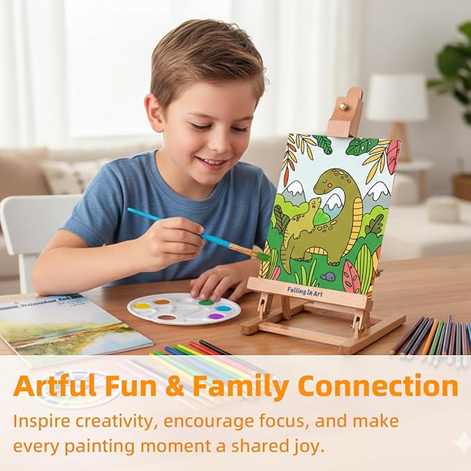 Falling in Art Tabletop Easel Set, Portable Wooden Art Easel Painting Kits for Kids, Easel for Painting Canvases, Including 12 Colors Acrylic Paints, 10 Paintbrushes and 4 Canvas Panels, Yellow