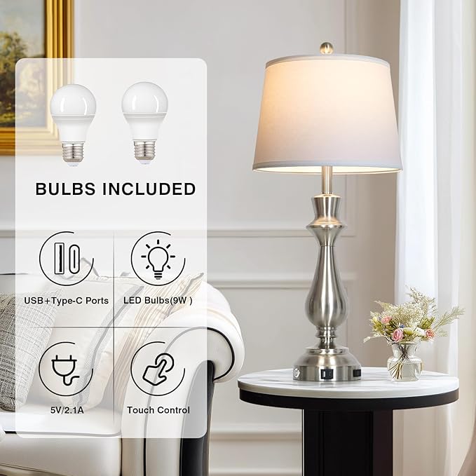 luxeflow Modern Silver Table Lamps Set of 2 for Living Room,30" Tall Bedside Lamp with USB Charging Port,3-Way Dimmable Touch Nightstand Lamp for Bedroom Desk Side Table Office,Silver