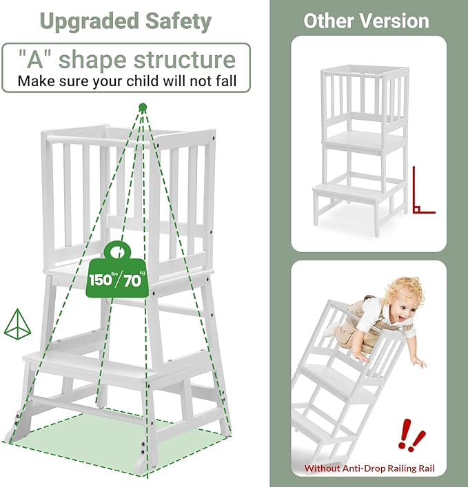COSYLAND Toddler Standing Tower with Stabilizing Legs - Bamboo Kids Kitchen Step Stool for Learning Cooking (White)