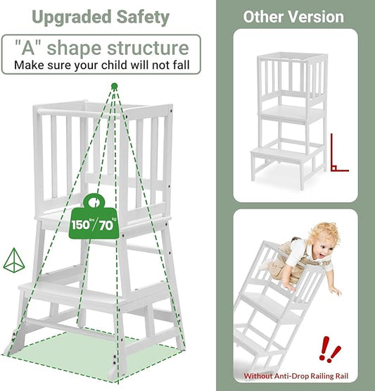 COSYLAND Toddler Standing Tower with Stabilizing Legs - Bamboo Kids Kitchen Step Stool for Learning Cooking (White)