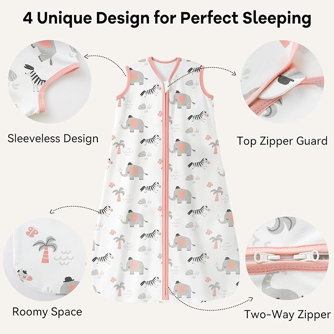 Baby Sleep Sack 18-24 Months 3 Pack 100% Cotton Lightweight 0.5 TOG Wearable Blanket Baby Sleep Bag with 2-Way Zipper for Newborn Infant Pink Apricot Gray Zebra
