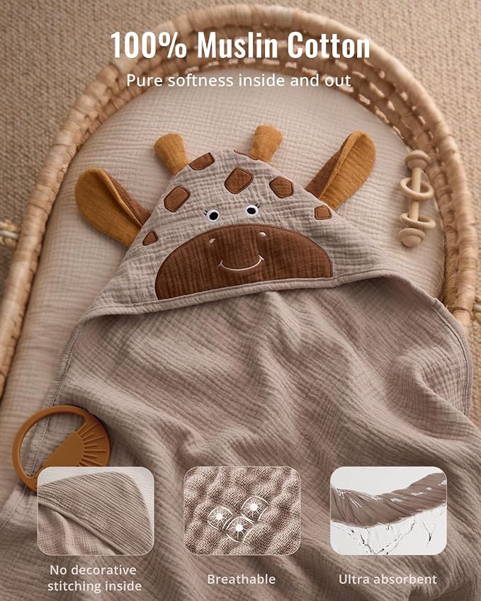 Blissful Diary Muslin Baby Hooded Towel, Soft and Absorbent Bath Towel for Newborn, Infant, Toddler, Unisex, 32″x32″ - Gentle Giraffe