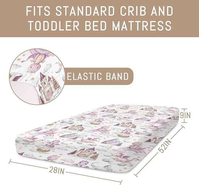 Pink Baby Dragons Crib Sheets for Boy Girl Fairytale Dragon Castle Trees Moon Rainbow Soft Stretchy Fitted Crib Mattress Cover for 52''x28'' Standard Crib & Toddler Mattress Fantasy Animal Bed Sheet
