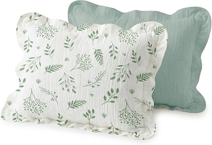 Muslin Ruffled Toddler Pillowcases 13"x18" 2 Pack, Soft, Breathable Muslin Cotton Travel Pillow Covers with Envelope Closure for Baby Boys, Girls & Kids (Fern Leaf & Sage-Ruffled, 13 x 18 Inch)