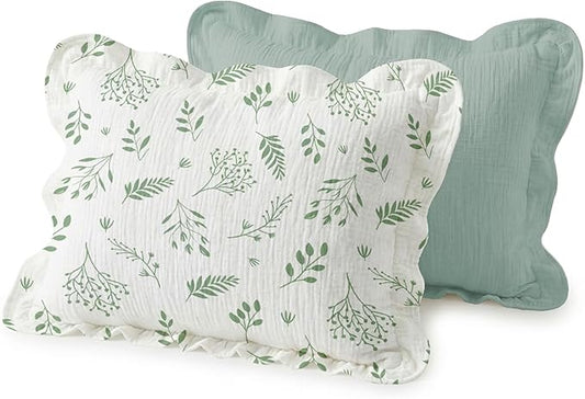 Muslin Ruffled Toddler Pillowcases 13"x18" 2 Pack, Soft, Breathable Muslin Cotton Travel Pillow Covers with Envelope Closure for Baby Boys, Girls & Kids (Fern Leaf & Sage-Ruffled, 13 x 18 Inch)