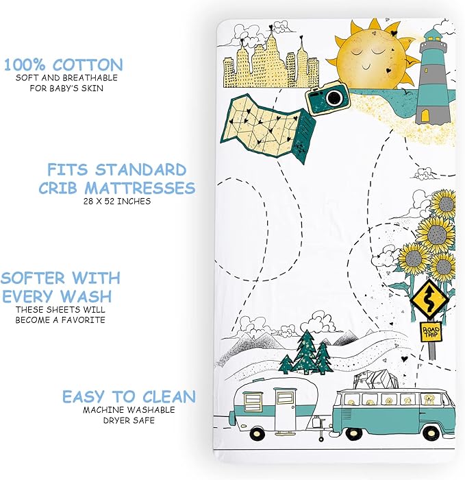 JumpOff Jo - Fitted Crib Sheet, Super Soft Breathable 100% Cotton Baby Crib Sheet for Standard Crib Mattresses and Toddler Beds, 28 in. x 52 in. - Road Trip