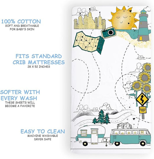 JumpOff Jo - Fitted Crib Sheet, Super Soft Breathable 100% Cotton Baby Crib Sheet for Standard Crib Mattresses and Toddler Beds, 28 in. x 52 in. - Road Trip