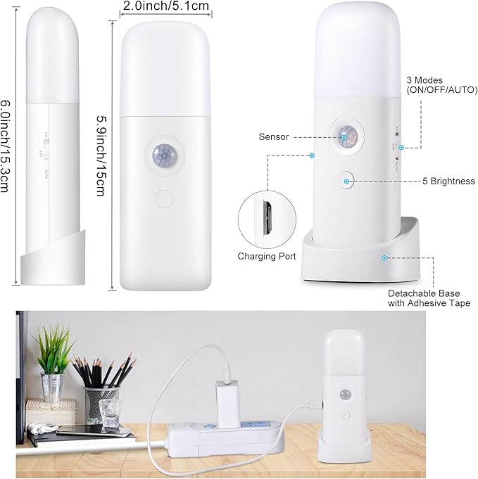 CREWEEL Rechargeable Motion Sensor Night Light, Battery Operated nightlights, Dimmable Motion Sensor Light Indoor, Cordless Motion Activated Night Lights for Adults, Bathroom, Bedroom, Hallway(2Pack)
