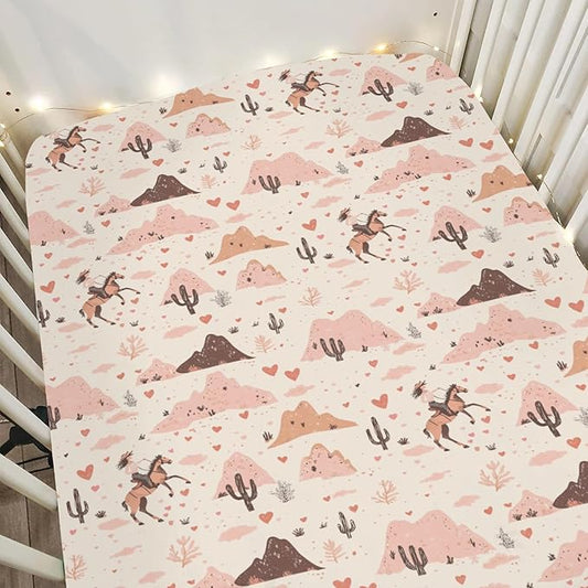 Vintage Pink Cowgirl Cactus Baby Crib Sheets for Boy Girl 52"x28" Western Cowgirl Love Soft Stretchy Fitted Crib Mattress Cover Wild Desert Baby Sheet for Standard Crib & Toddler Mattress Pad