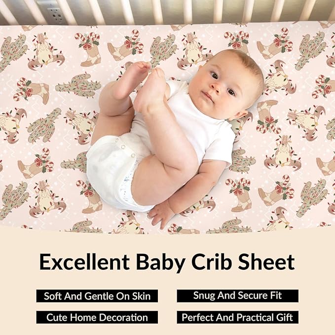 Boho Western Christmas Cowboy Baby Crib Sheets Pastel Western Cowboy Boots Cow Skull Cactus Candy Cane Fitted Crib Mattress Cover Wild West Desert Toddler Baby Sheet for Standard Crib 28x52in
