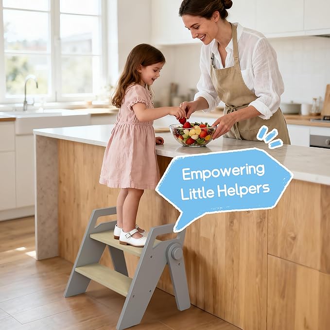 HOMEKOL Toddler Kids Step Stool: Wooden 2 Step Stool for Bathroom Sink, Foldable, Grey