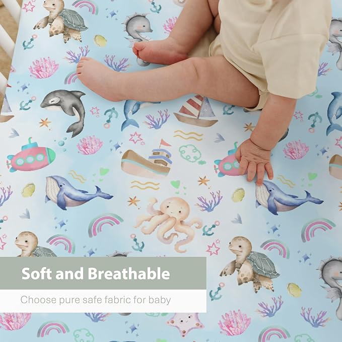 Colorful Ocean Animals Baby Crib Sheets for Boy Girl 52x28Inch Sea Horse Turtle Whale Rainbow Corals Soft Snug Fitted Crib Mattress Cover Marine Life Baby Sheet for Standard Crib & Toddler Mattress