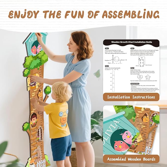 Woodemon Personalized Wooden Growth Chart, Tree House Animals Height Chart for Kids Room, Wood Kids Measuring Chart, Nursery Growth Chart Ruler Measuring Board for Boys Girls
