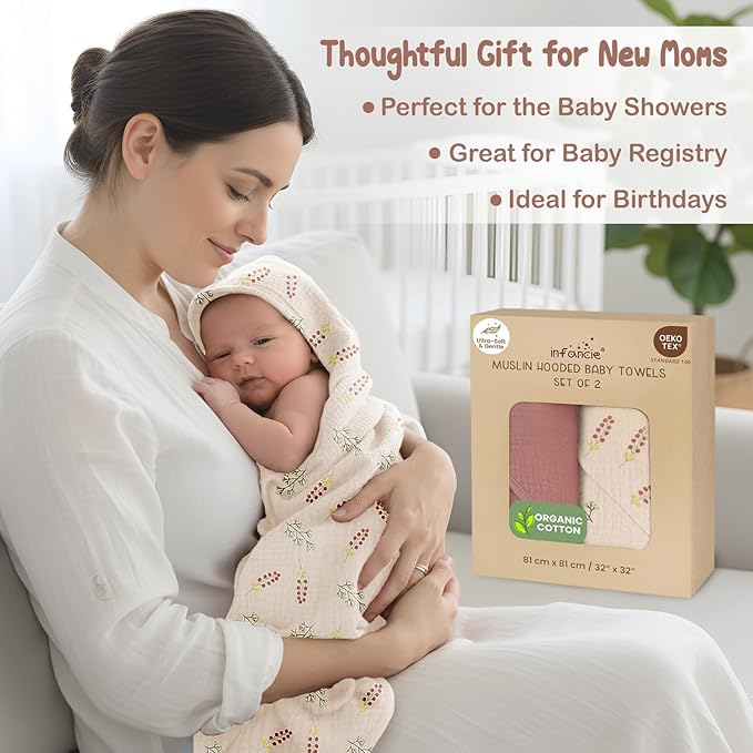 Organic Cotton Muslin Baby Hooded Towels - 32x32 Inch, 2 Pack Newborn Bath Towels for Boys & Girls, Soft & Absorbent Bath Set (Pink/Floral)