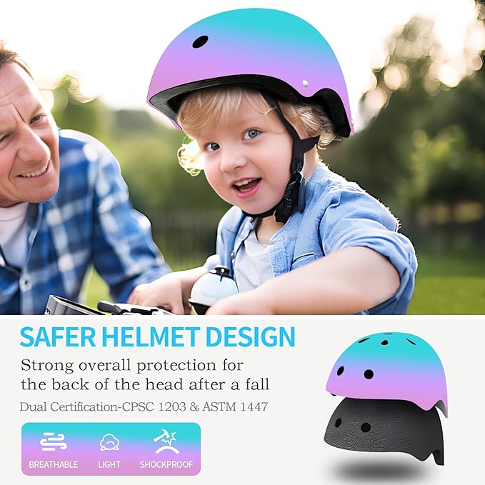 Adjustable Gradient Color Kids/Toddler Bike Helmet for 1-2-3-5-8-14 Years Boys Girls,Skateboard Helmet with Knee and Elbow Pads Wrist Guard Roller Skates,Cycling,Skating Scooter Longboard