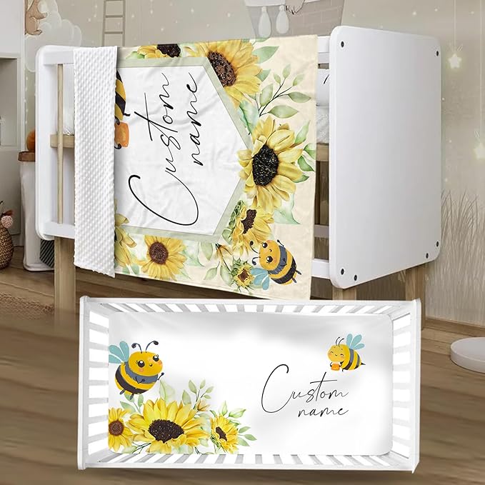 Personalized Crib Bedding Set for Boys Girls, Custom Baby Crib Sets with Name, Yellow Bee Design Nursery Bedding 2 Piece - Soft Blanket with Double Layer Dotted Backing, Crib Fitted Sheet
