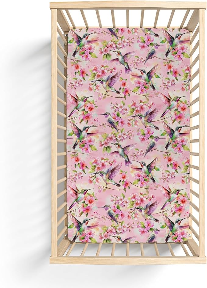 Hummingbird Pink Floral Baby Crib Sheets for Boy Girl 52x28Inch Spring Birds Blossoms Soft Stretchy Fitted Crib Mattress Cover Forest Animals Nursery Baby Sheet for Standard Crib & Toddler Mattress