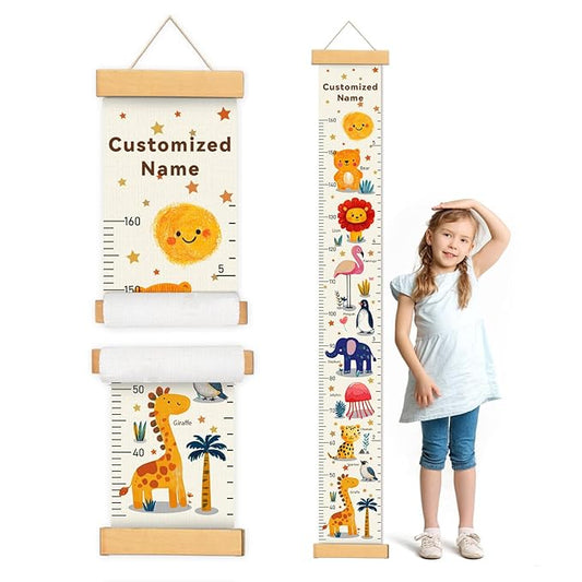Woodemon Personalized Name Kids Growth Chart, Watercolor Animal Canvas Height Measurement Ruler for Baby, Kids Height Wall Chart for Child's Room Decoration, Waterproof Measuring Wall Ruler