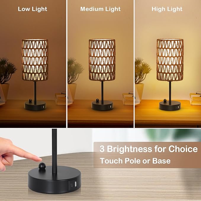 Eayaya Bedside Lamps Set of 2, Touch Control Night Stand Lamp for Bedroom with Rattan & Linen Shade & Bulbs, 3 Way Dimmable Small Boho Table Lamps with USB Charging Port & Phone Stand (Coffee Color)