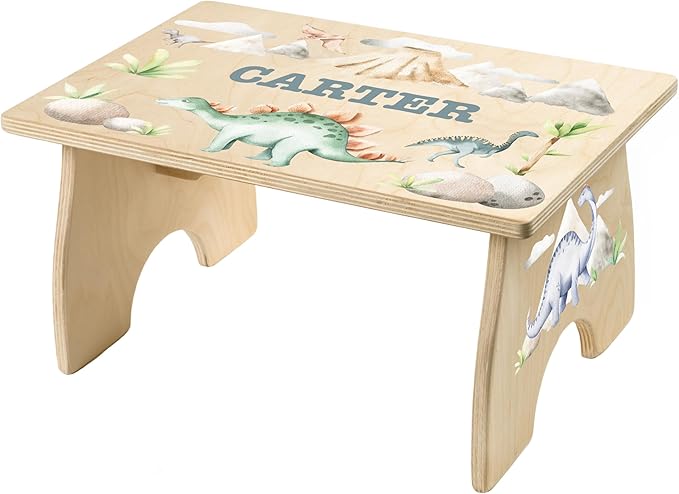 Dinosaur Step Stool for Toddlers- Personalized Wood Kids Step Stool with Name for Kitchen Sink, Bathroom, Potty Training, Kitchen Sink- Sturdy and Safe- Made in USA by BloomOwl (Dinosaur- Watercolor)