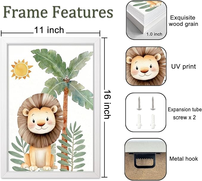 Cute Sun Lion Giraffe Quote Framed Wall Art Set of 4, 11x16 Boho Educational Animal Wall Sign for Baby Girl Kid Boy Toddlers, Wooden Inspirational Nursery Wall Decor Whie