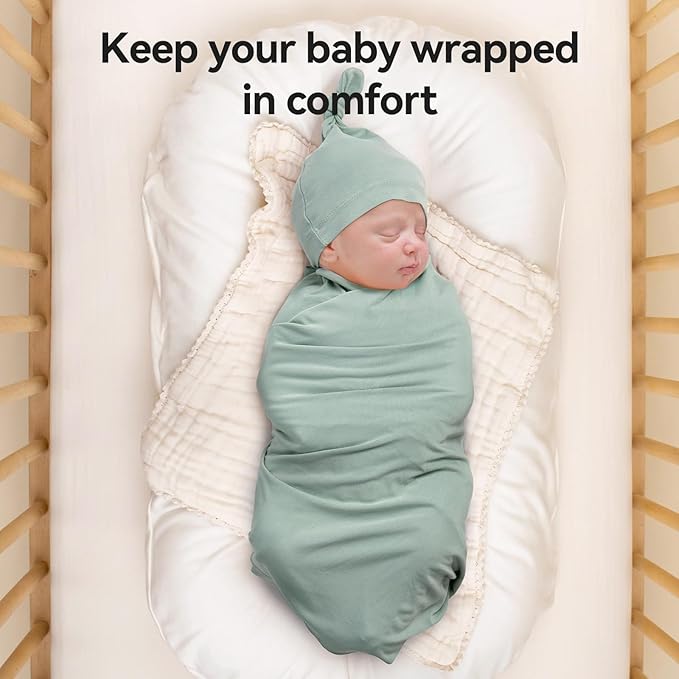 Rayon Made from Bamboo Newborn Swaddle Blanket Set with Matching Beanie, Super Soft Stretchy Baby Clothes Outfit for Girl Boy, Receiving Blankets Newborn Essentials, 47 x 47 Inch
