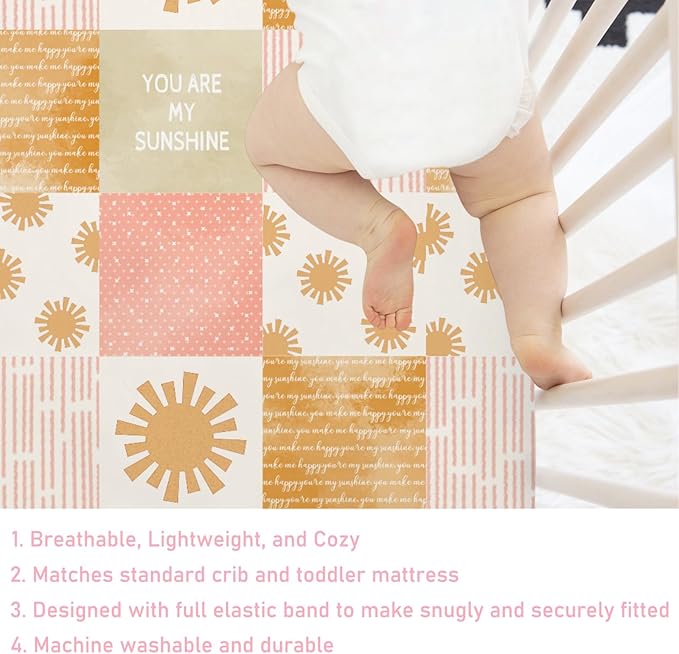 Colorful Boho Sun Baby Crib Sheet 52''x28'' Cute Sunshine Stripes Stretchy Fitted Mattress Sheets for Boy Girl Letters Quote Nursery Toddler Bed Sheets for Standard and Toddler Mattress