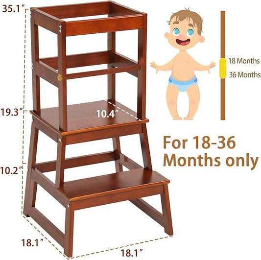 Kids Kitchen Step Stool for Kids with Safety Rail,Solid Wood Construction Toddler Learning Stool, Montessori Toddlers Kitchen Stool Tower (Walnut)