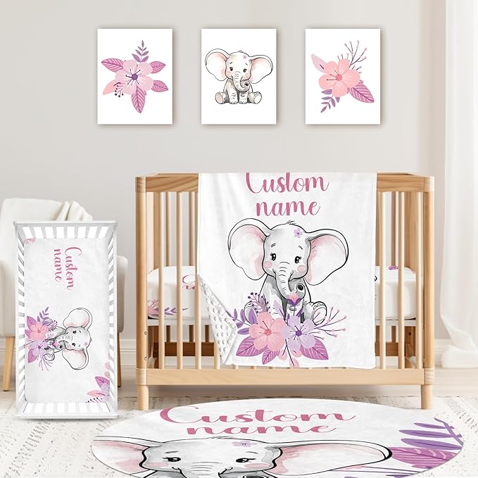 Personalized Baby Crib Bedding Set: 4 Piece Custom Purple Flower Elephant Crib Bed Set with Name, Nursery Bedding Set for Baby Girls, Newborn Boys Crib Sets, Crib Bedding Custom Gift, Crib Sheet
